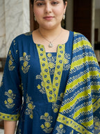Plus Size Blue Anarkali Cotton Printed Flared Kurta Pant Set with Dupatta-210027