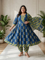 Plus Size Blue Anarkali Cotton Printed Flared Kurta Pant Set with Dupatta-210027