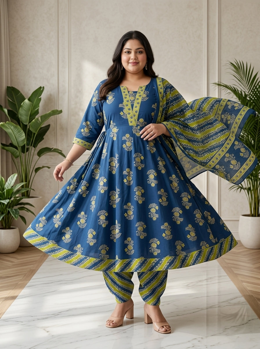 Plus Size Blue Anarkali Cotton Printed Flared Kurta Pant Set with Dupatta-210027