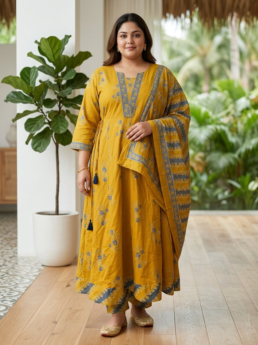 Plus Size Yellow Anarkali Cotton Printed Flared Kurta Pant Set with Dupatta-210028
