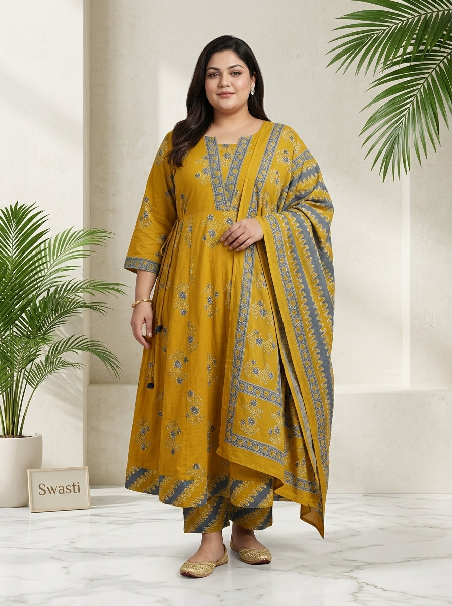 Plus Size Yellow Anarkali Cotton Printed Flared Kurta Pant Set with Dupatta-210028