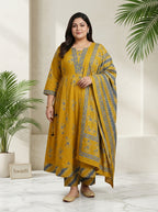 Plus Size Yellow Anarkali Cotton Printed Flared Kurta Pant Set with Dupatta-210028