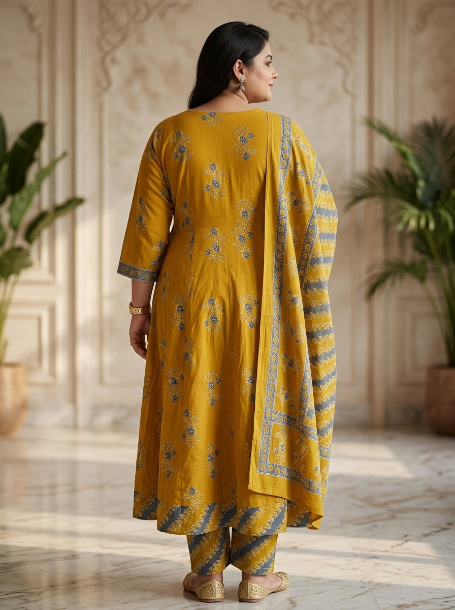 Plus Size Yellow Anarkali Cotton Printed Flared Kurta Pant Set with Dupatta-210028