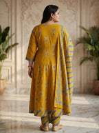 Plus Size Yellow Anarkali Cotton Printed Flared Kurta Pant Set with Dupatta-210028