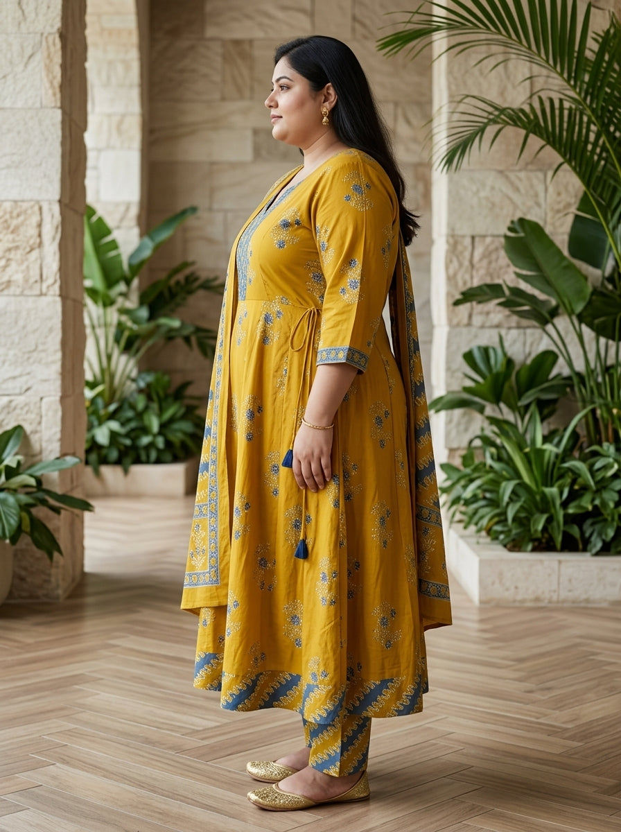 Plus Size Yellow Anarkali Cotton Printed Flared Kurta Pant Set with Dupatta-210028