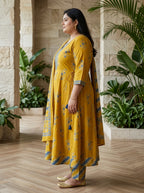Plus Size Yellow Anarkali Cotton Printed Flared Kurta Pant Set with Dupatta-210028