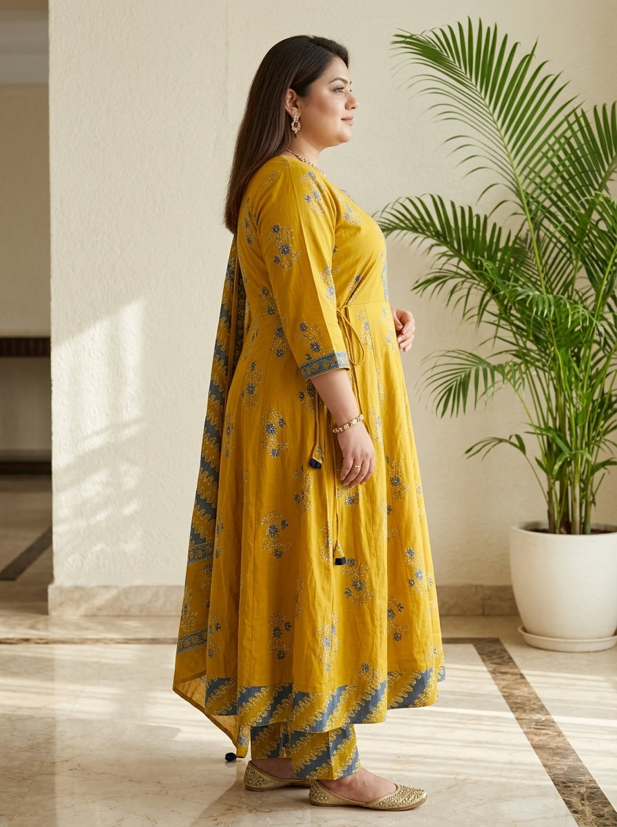 Plus Size Yellow Anarkali Cotton Printed Flared Kurta Pant Set with Dupatta-210028