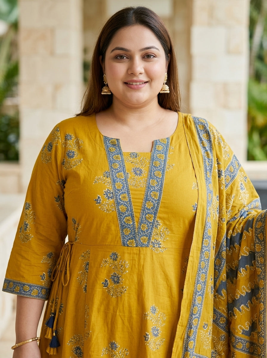 Plus Size Yellow Anarkali Cotton Printed Flared Kurta Pant Set with Dupatta-210028