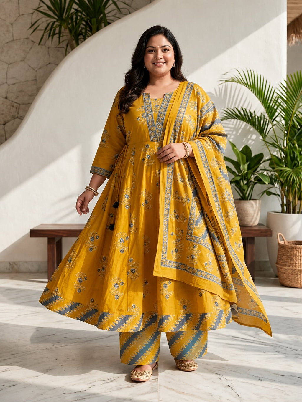 Plus Size Yellow Anarkali Cotton Printed Flared Kurta Pant Set with Dupatta-210028