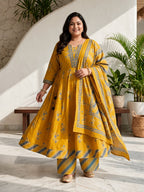 Plus Size Yellow Anarkali Cotton Printed Flared Kurta Pant Set with Dupatta-210028