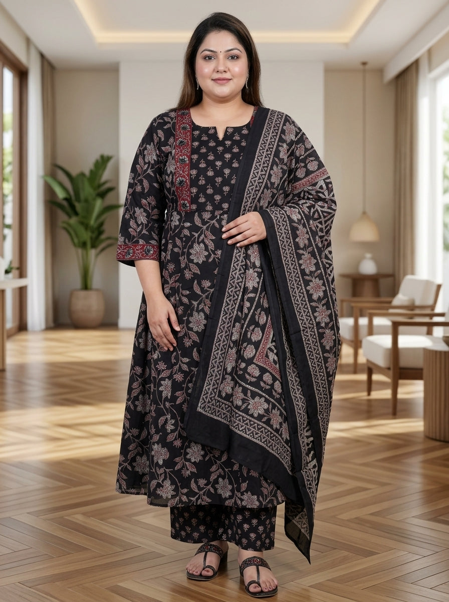Plus Size Black Cotton Printed Flared Anarkali Pant Set with Dupatta-210029 Secondary image