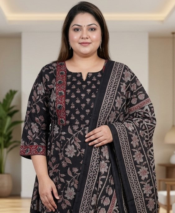 Plus Size Black Anarkali Cotton Printed Flared Kurta Pant Set with Dupatta-210029