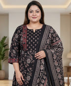 Plus Size Black Anarkali Cotton Printed Flared Kurta Pant Set with Dupatta-210029
