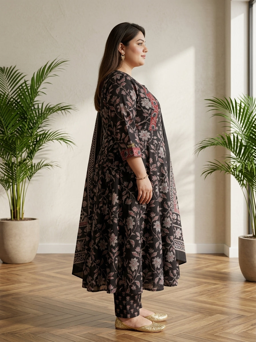 Plus Size Black Anarkali Cotton Printed Flared Kurta Pant Set with Dupatta-210029
