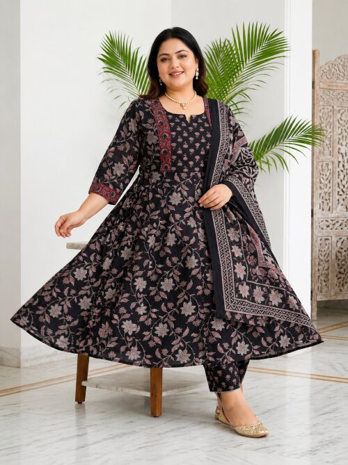 Plus Size Black Cotton Printed Flared Anarkali Pant Set with Dupatta-210029 Main image