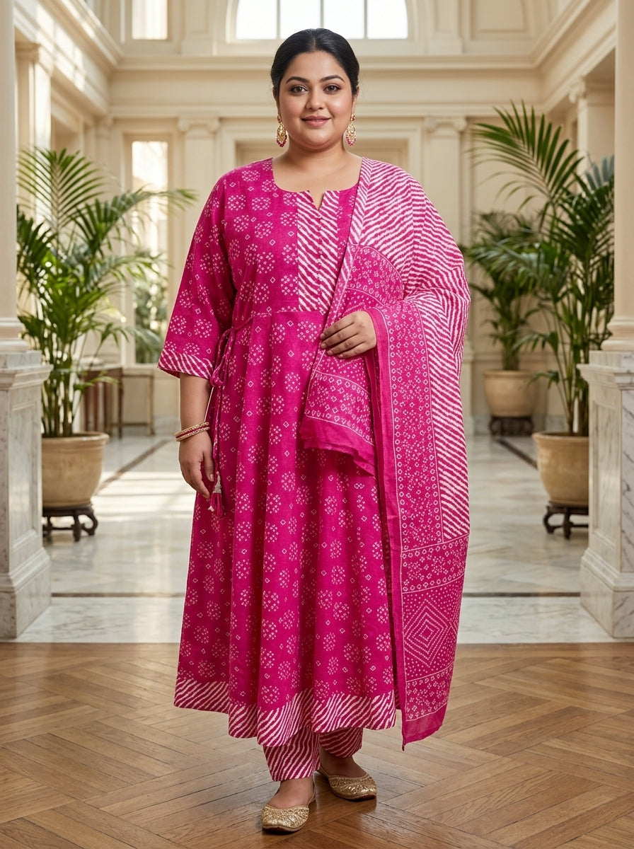 Plus Size Pink Printed Anarkali Kurta Set with Dupatta-210030