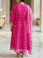 Plus Size Pink Printed Anarkali Kurta Set with Dupatta-210030