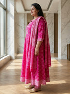 Plus Size Pink Printed Anarkali Kurta Set with Dupatta-210030