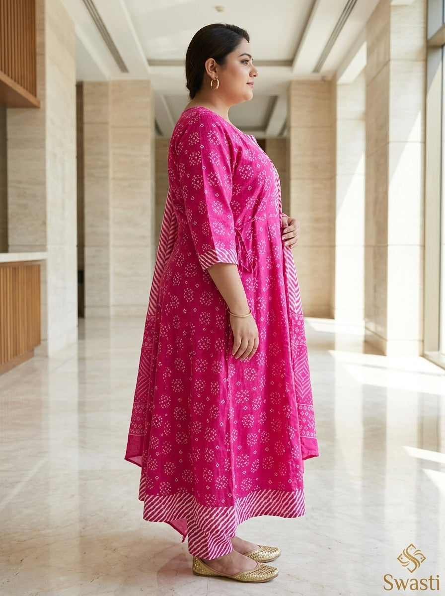 Plus Size Pink Printed Anarkali Kurta Set with Dupatta-210030