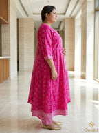 Plus Size Pink Printed Anarkali Kurta Set with Dupatta-210030