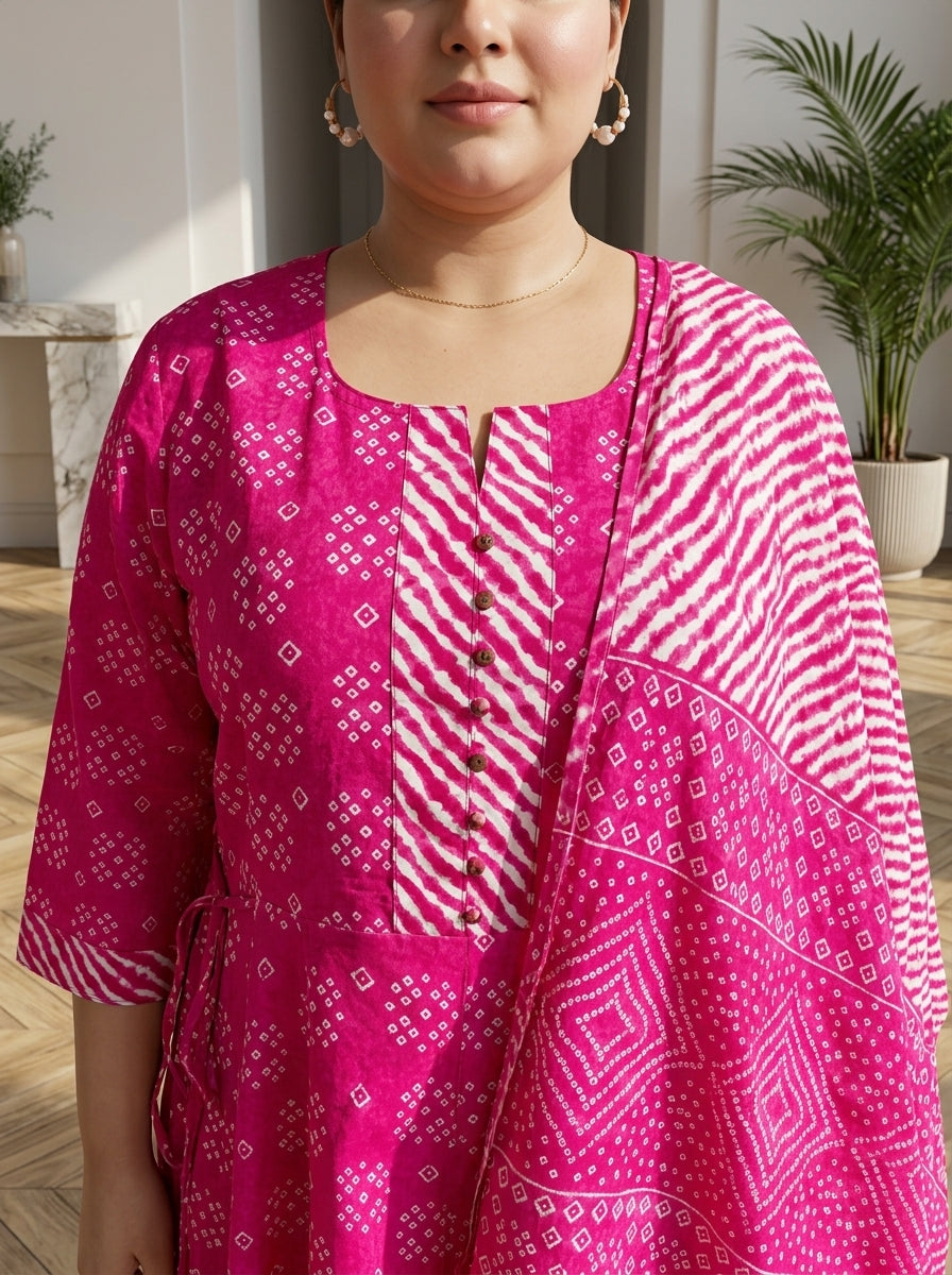 Plus Size Pink Printed Anarkali Kurta Set with Dupatta-210030