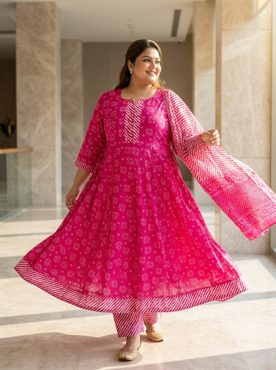 Plus Size Pink Printed Anarkali Kurta Set with Dupatta-210030