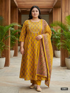 Plus Size Mustard Cotton Printed Flared Anarkali Pant Set with Dupatta-210031