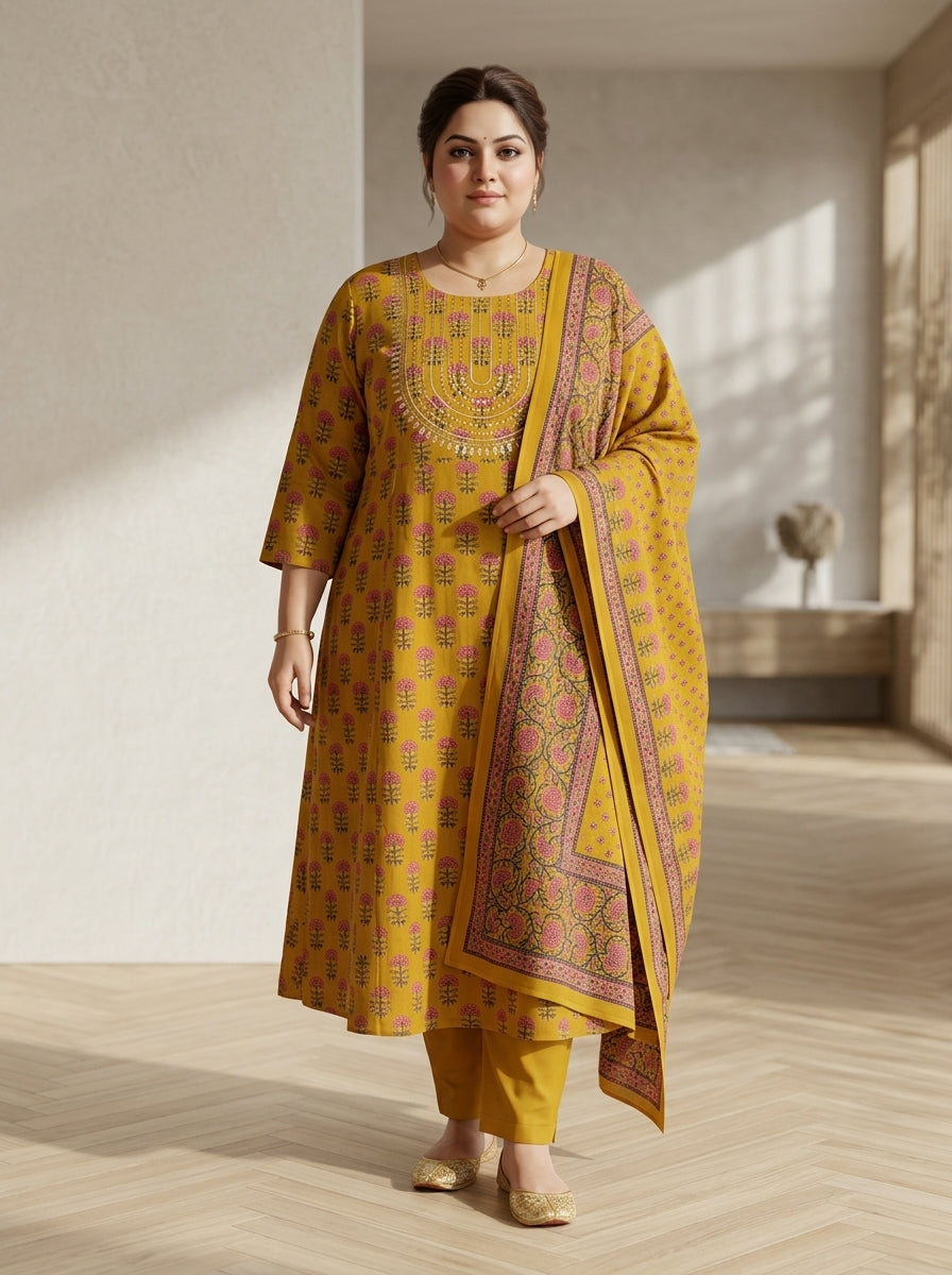 Plus Size Mustard Cotton Printed Flared Anarkali Pant Set with Dupatta-210031