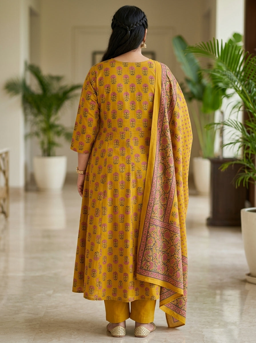 Plus Size Mustard Cotton Printed Flared Anarkali Pant Set with Dupatta-210031