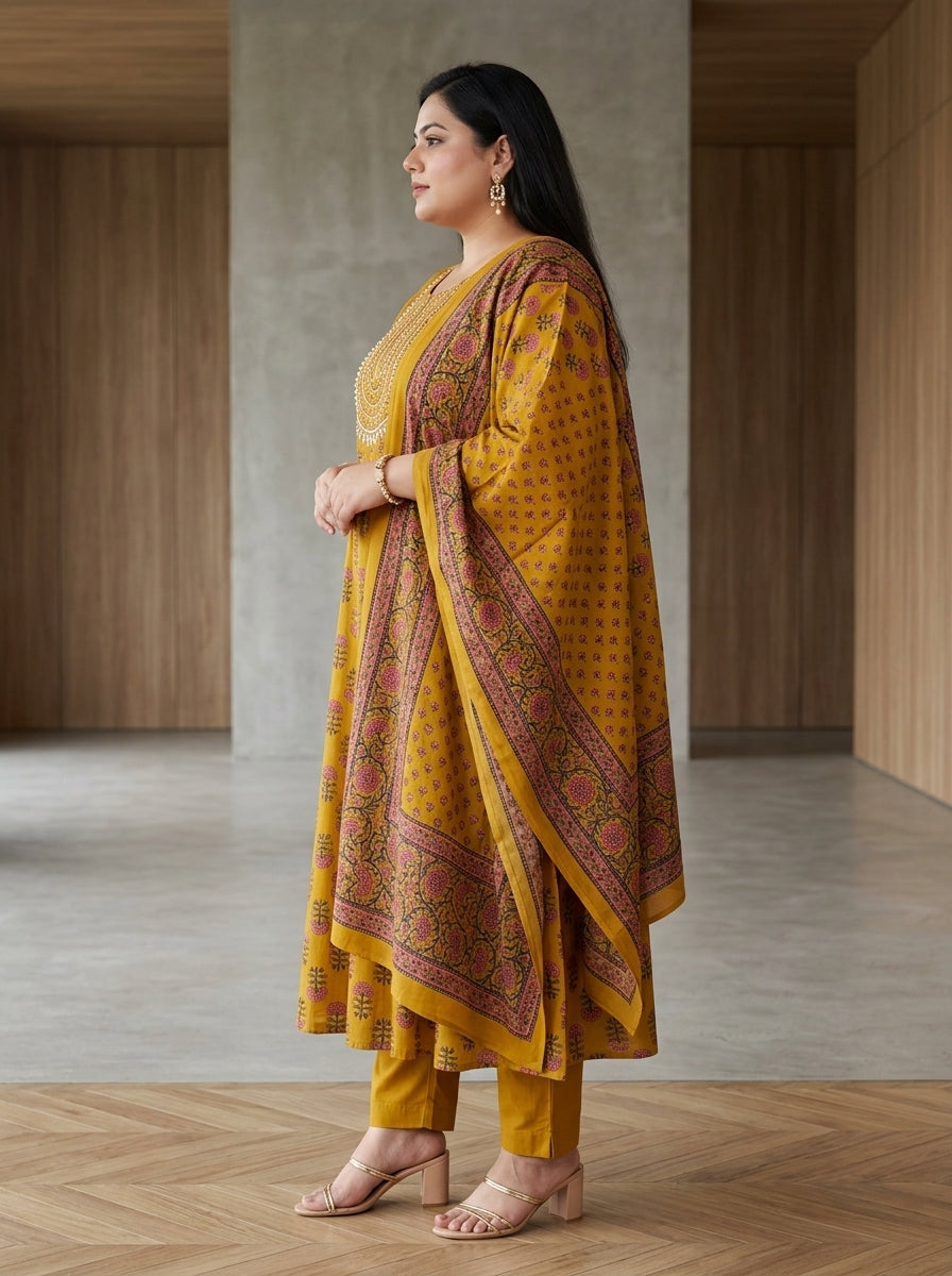 Plus Size Mustard Cotton Printed Flared Anarkali Pant Set with Dupatta-210031