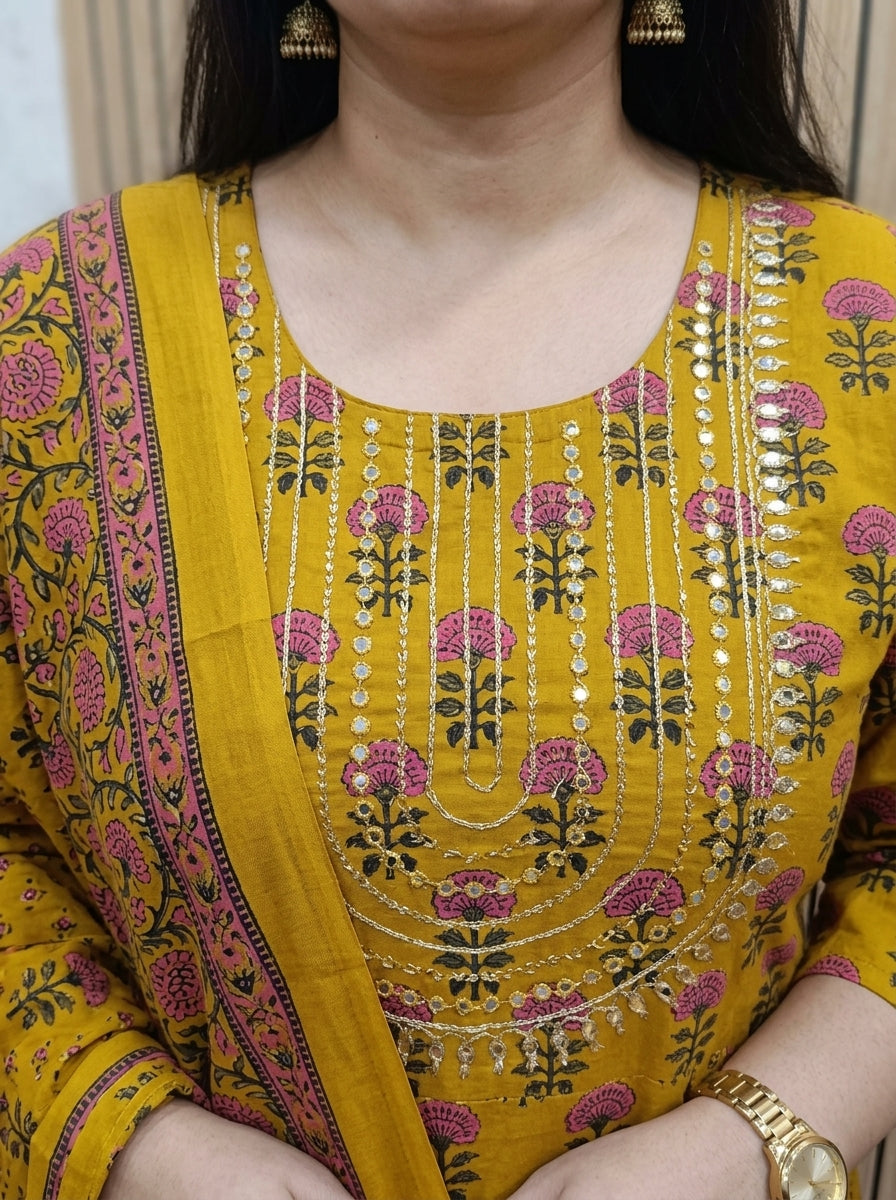Plus Size Mustard Cotton Printed Flared Anarkali Pant Set with Dupatta-210031