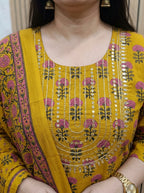 Plus Size Mustard Cotton Printed Flared Anarkali Pant Set with Dupatta-210031