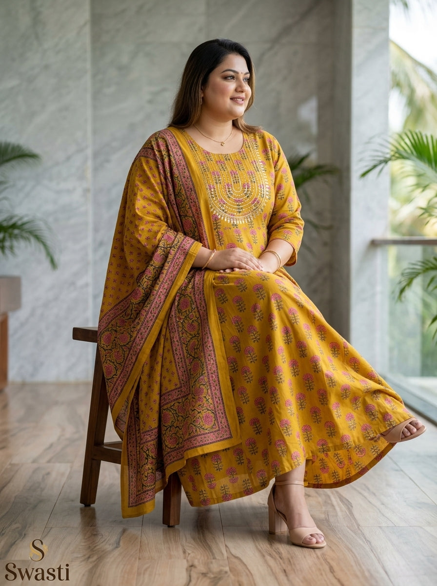 Plus Size Mustard Cotton Printed Flared Anarkali Pant Set with Dupatta-210031