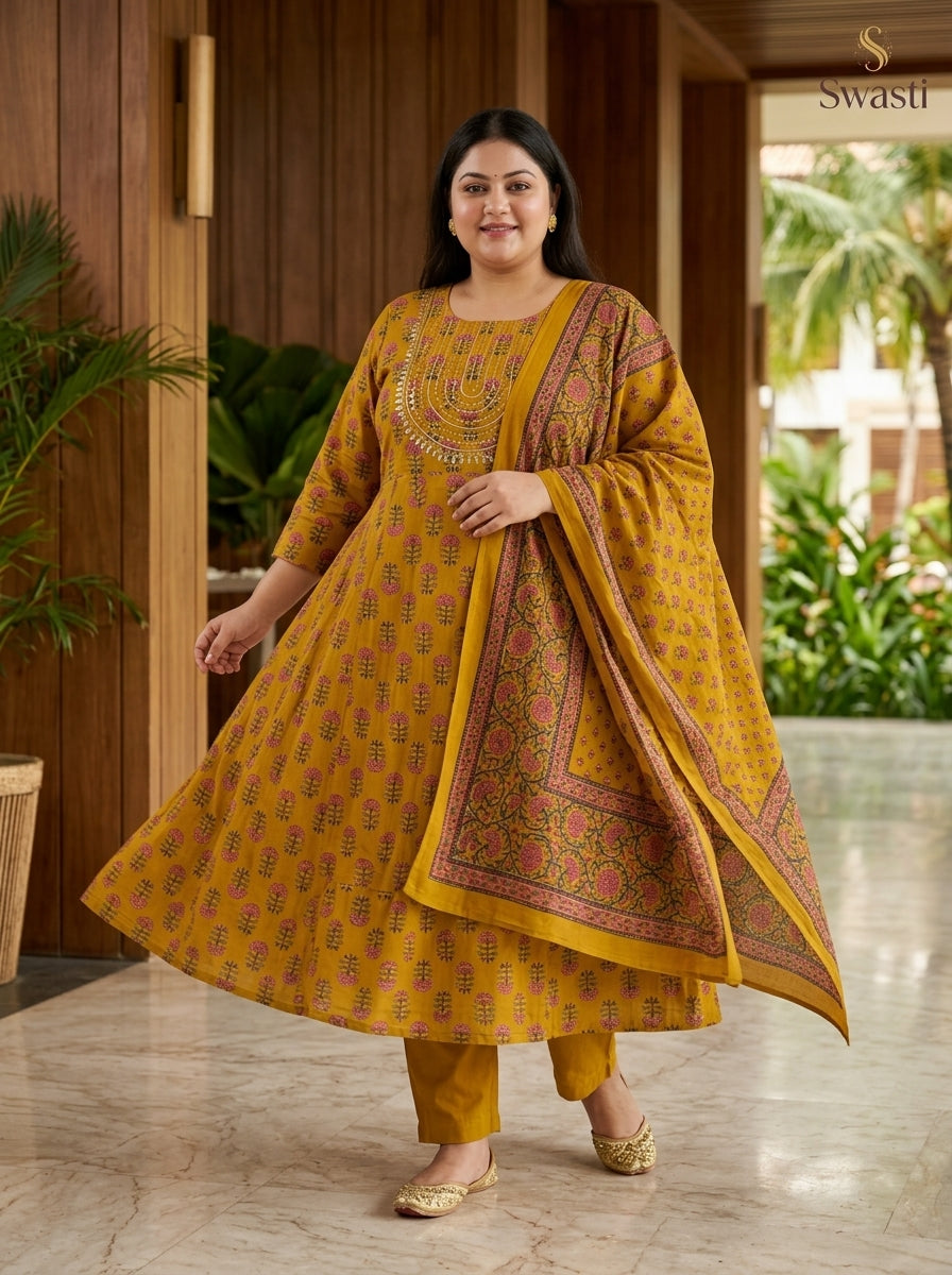 Plus Size Mustard Cotton Printed Flared Anarkali Pant Set with Dupatta-210031 Main image