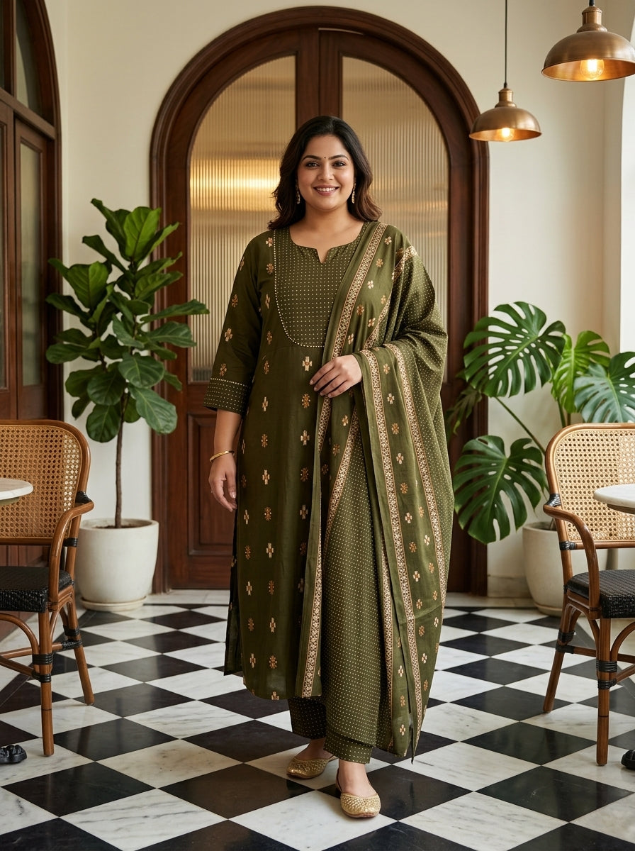 Green Cotton Printed Flared Anarkali Pant Set with Dupatta Plus Size-210032