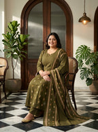 Green Cotton Printed Flared Anarkali Pant Set with Dupatta Plus Size-210032