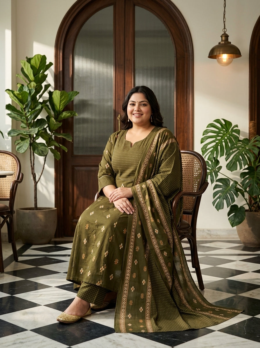 Green Cotton Printed Flared Anarkali Pant Set with Dupatta Plus Size-210032