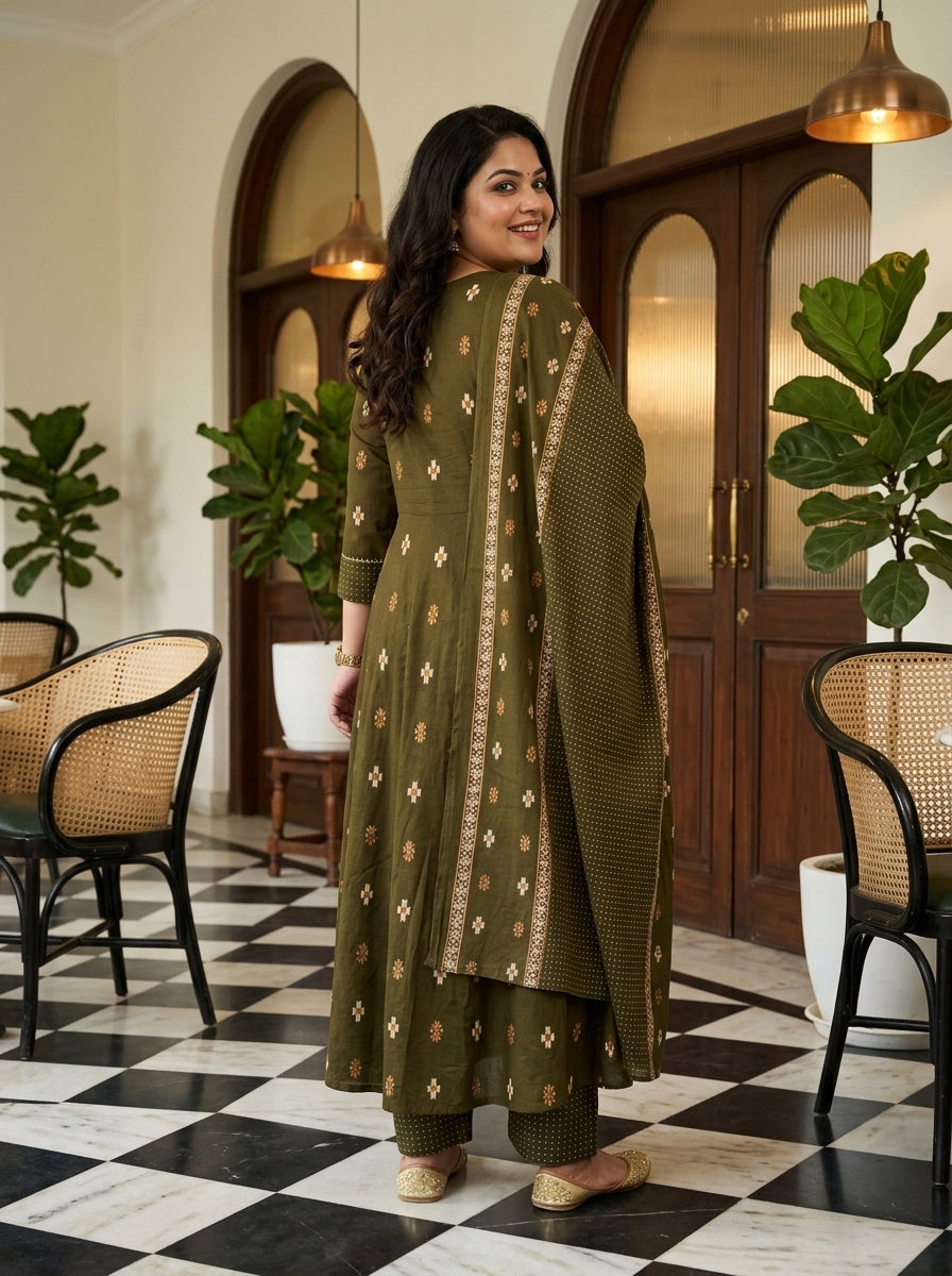 Green Cotton Printed Flared Anarkali Pant Set with Dupatta Plus Size-210032