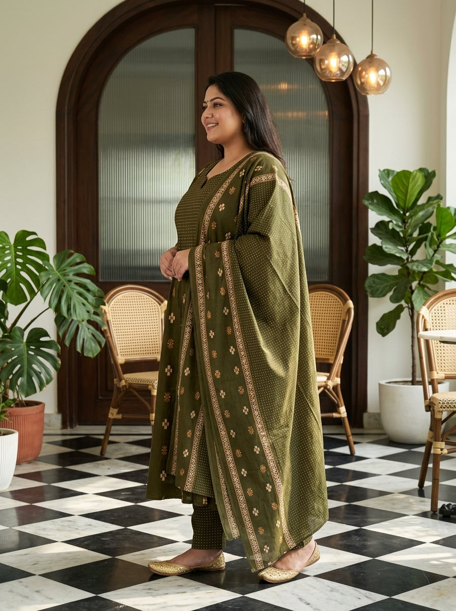 Green Cotton Printed Flared Anarkali Pant Set with Dupatta Plus Size-210032