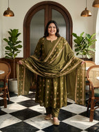 Green Cotton Printed Flared Anarkali Pant Set with Dupatta Plus Size-210032