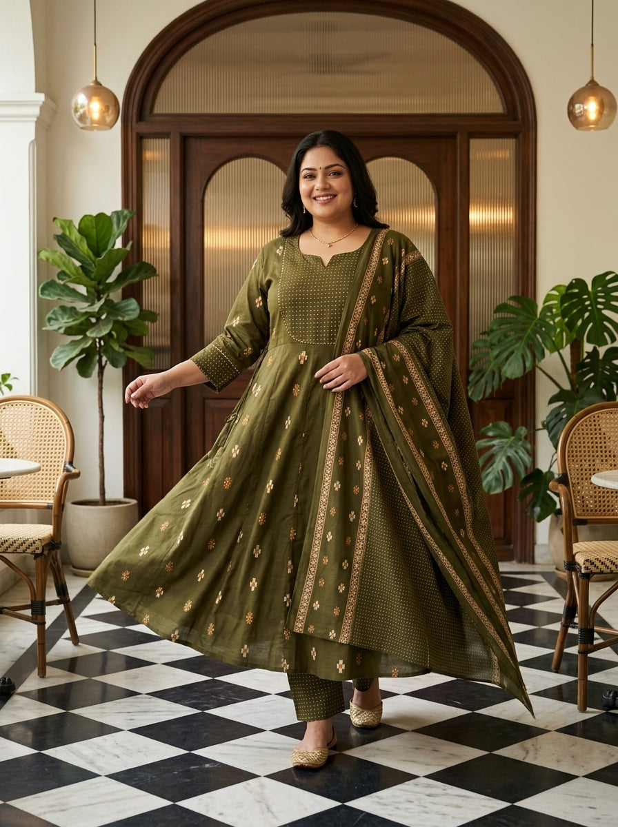 Green Cotton Printed Flared Anarkali Pant Set with Dupatta Plus Size-210032