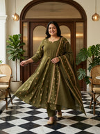Green Cotton Printed Flared Anarkali Pant Set with Dupatta Plus Size-210032