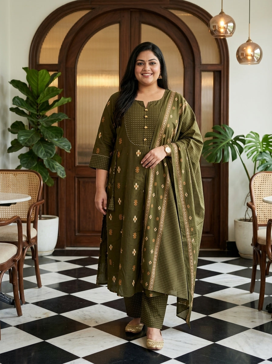 Green Cotton Printed Flared Anarkali Pant Set with Dupatta Plus Size-210032
