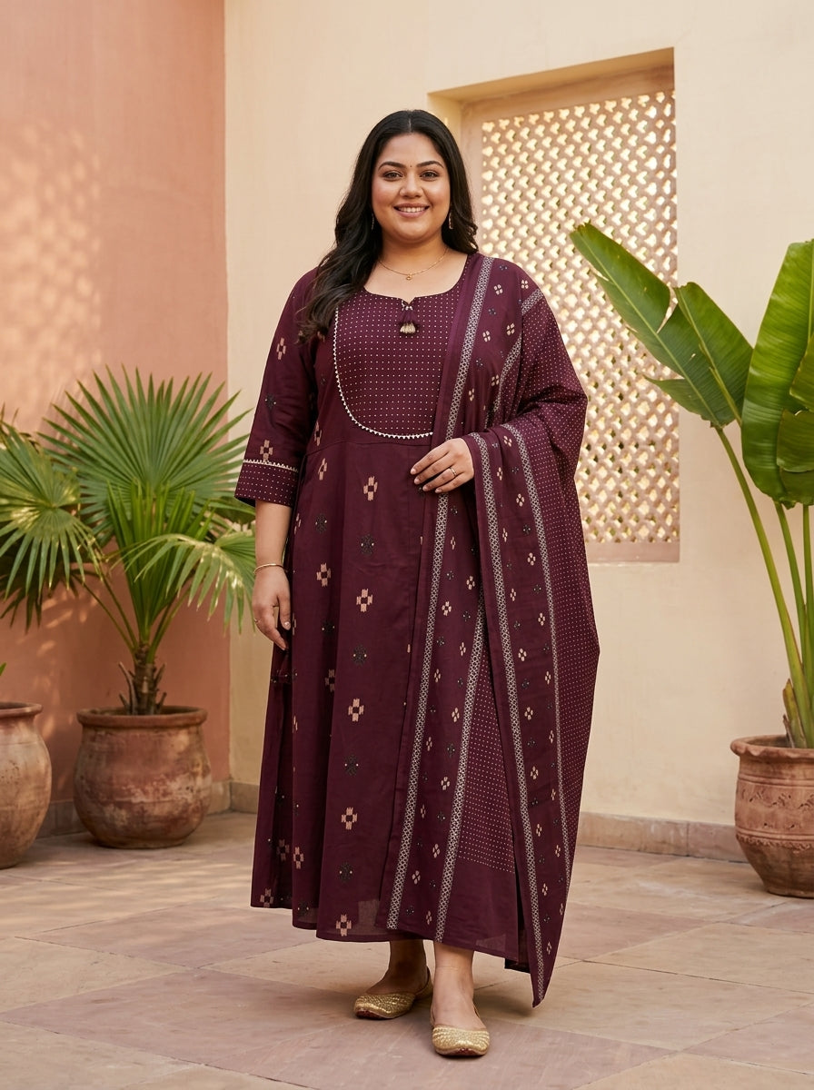 Purple Cotton Printed Flared Anarkali Pant Set with Dupatta Plus Size-210033 Main image