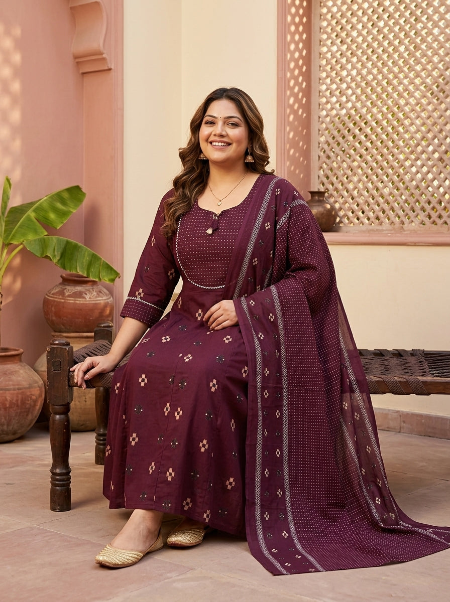 Purple Cotton Printed Flared Anarkali Pant Set with Dupatta Plus Size-210033