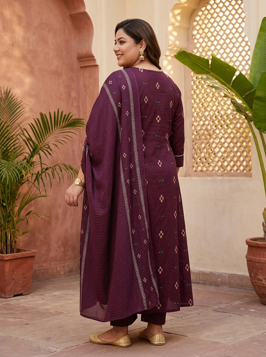 Purple Cotton Printed Flared Anarkali Pant Set with Dupatta Plus Size-210033