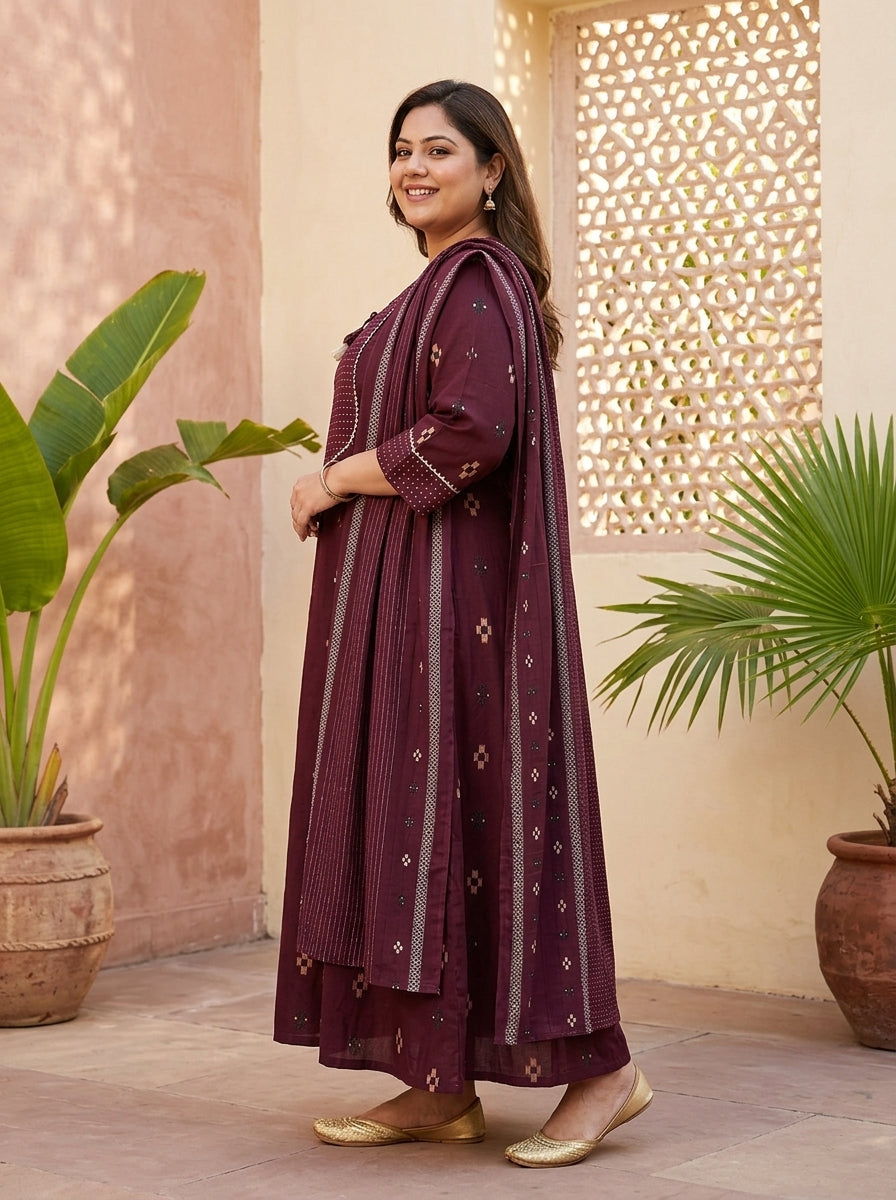 Purple Cotton Printed Flared Anarkali Pant Set with Dupatta Plus Size-210033