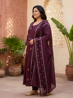 Purple Cotton Printed Flared Anarkali Pant Set with Dupatta Plus Size-210033