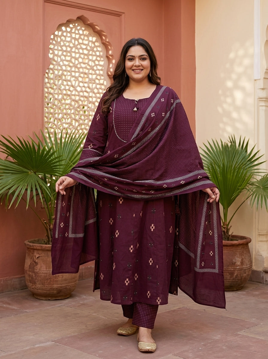 Purple Cotton Printed Flared Anarkali Pant Set with Dupatta Plus Size-210033 Secondary image