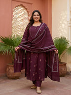 Purple Cotton Printed Flared Anarkali Pant Set with Dupatta Plus Size-210033